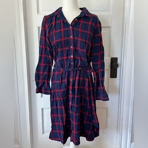 J. Crew Navy and Red Plaid Long Sleeve Dress Christmas Cozy flannel Shirt